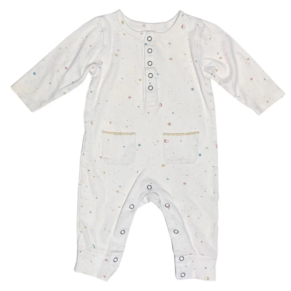 Pehr Henley Patch Pocket Romper Size 6-12 Months Celestial Print Organic Cotton